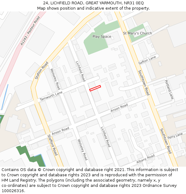 24, LICHFIELD ROAD, GREAT YARMOUTH, NR31 0EQ: Location map and indicative extent of plot