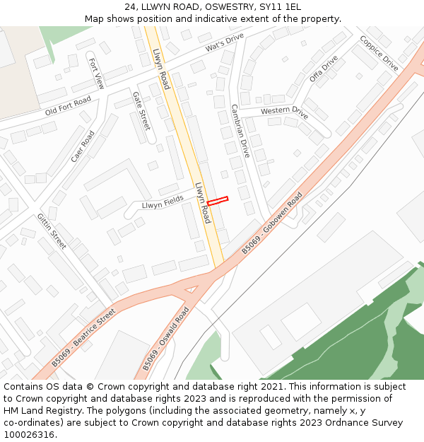 24, LLWYN ROAD, OSWESTRY, SY11 1EL: Location map and indicative extent of plot