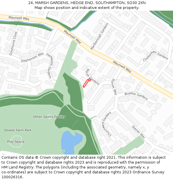 24, MARSH GARDENS, HEDGE END, SOUTHAMPTON, SO30 2XN: Location map and indicative extent of plot