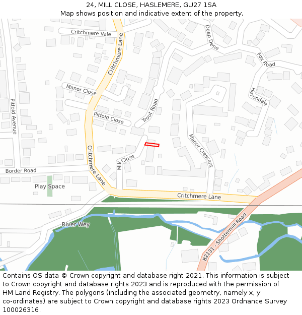 24, MILL CLOSE, HASLEMERE, GU27 1SA: Location map and indicative extent of plot
