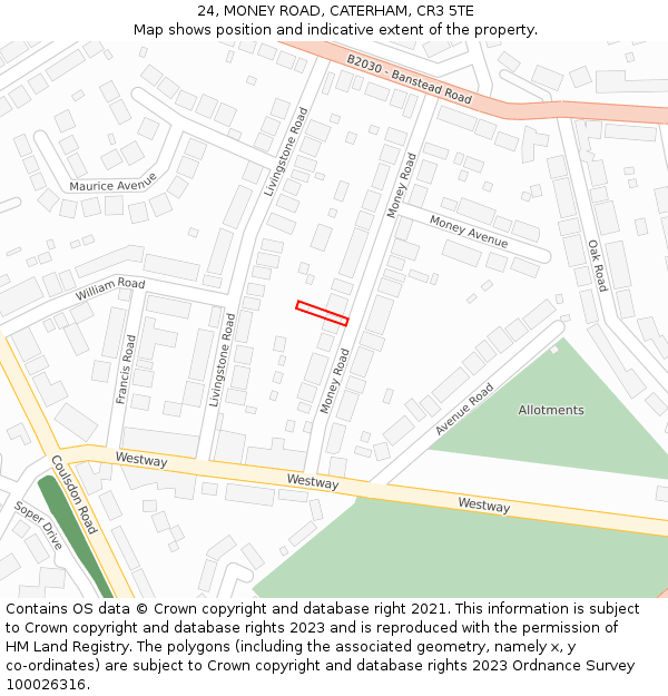 24, MONEY ROAD, CATERHAM, CR3 5TE: Location map and indicative extent of plot