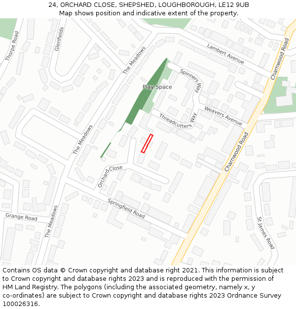 24, ORCHARD CLOSE, SHEPSHED, LOUGHBOROUGH, LE12 9UB: Location map and indicative extent of plot