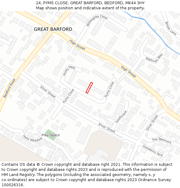 24, PYMS CLOSE, GREAT BARFORD, BEDFORD, MK44 3HY: Location map and indicative extent of plot