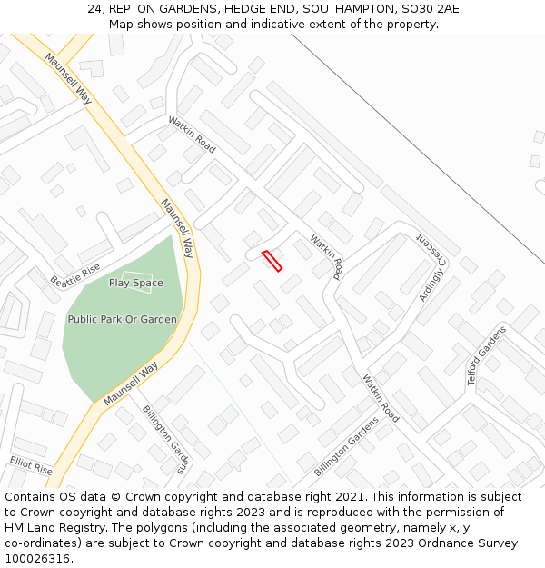 24, REPTON GARDENS, HEDGE END, SOUTHAMPTON, SO30 2AE: Location map and indicative extent of plot