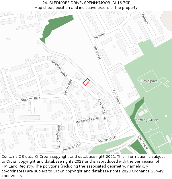 24, SLEDMORE DRIVE, SPENNYMOOR, DL16 7GP: Location map and indicative extent of plot