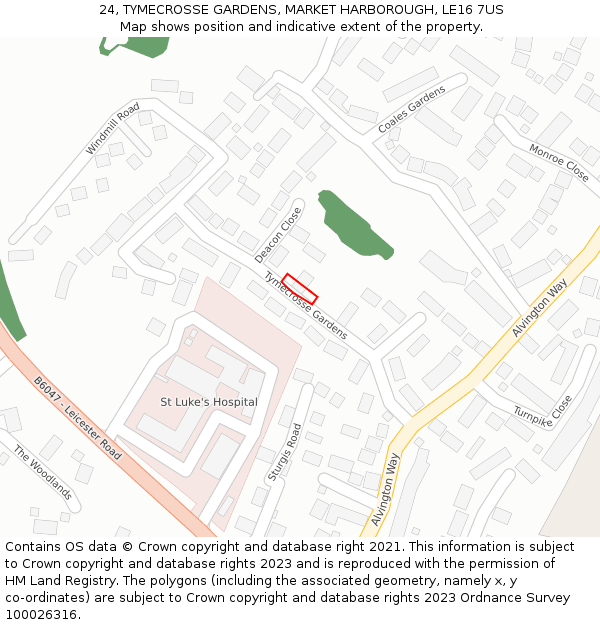 24, TYMECROSSE GARDENS, MARKET HARBOROUGH, LE16 7US: Location map and indicative extent of plot