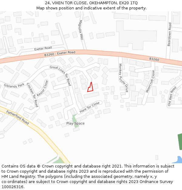 24, VIXEN TOR CLOSE, OKEHAMPTON, EX20 1TQ: Location map and indicative extent of plot