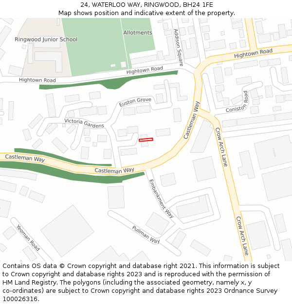 24, WATERLOO WAY, RINGWOOD, BH24 1FE: Location map and indicative extent of plot