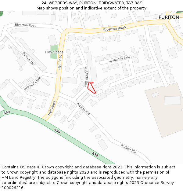 24, WEBBERS WAY, PURITON, BRIDGWATER, TA7 8AS: Location map and indicative extent of plot