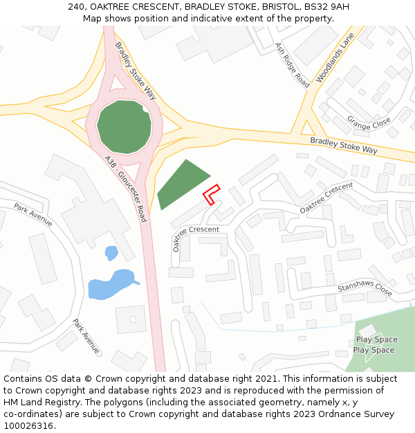 240, OAKTREE CRESCENT, BRADLEY STOKE, BRISTOL, BS32 9AH: Location map and indicative extent of plot
