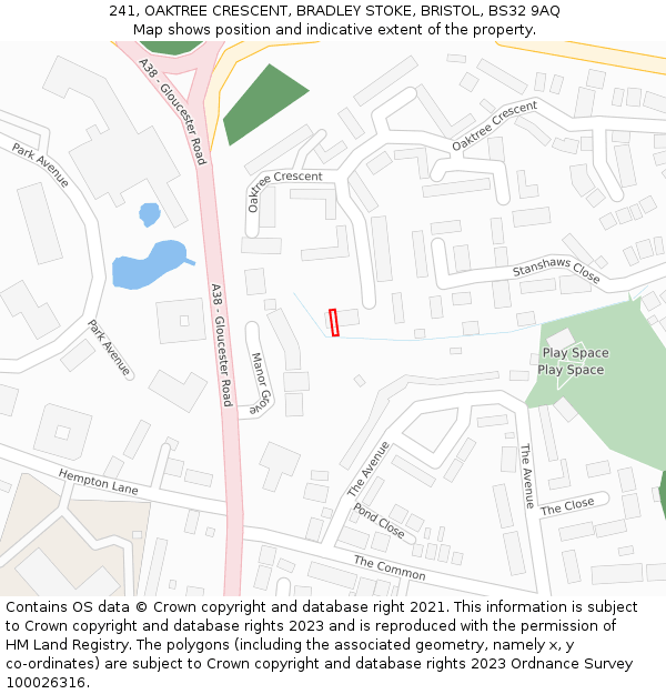 241, OAKTREE CRESCENT, BRADLEY STOKE, BRISTOL, BS32 9AQ: Location map and indicative extent of plot