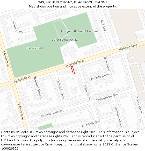 243, HIGHFIELD ROAD, BLACKPOOL, FY4 3NS: Location map and indicative extent of plot