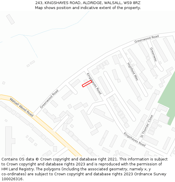 243, KINGSHAYES ROAD, ALDRIDGE, WALSALL, WS9 8RZ: Location map and indicative extent of plot