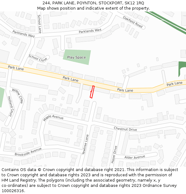 244, PARK LANE, POYNTON, STOCKPORT, SK12 1RQ: Location map and indicative extent of plot
