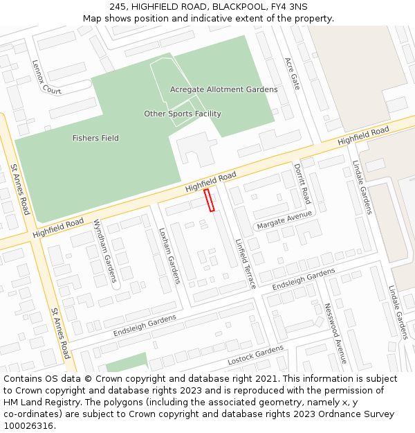 245, HIGHFIELD ROAD, BLACKPOOL, FY4 3NS: Location map and indicative extent of plot