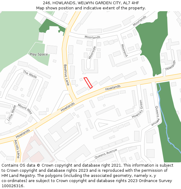 246, HOWLANDS, WELWYN GARDEN CITY, AL7 4HF: Location map and indicative extent of plot