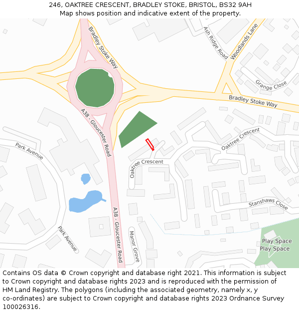 246, OAKTREE CRESCENT, BRADLEY STOKE, BRISTOL, BS32 9AH: Location map and indicative extent of plot