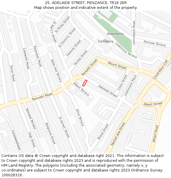 25, ADELAIDE STREET, PENZANCE, TR18 2ER: Location map and indicative extent of plot