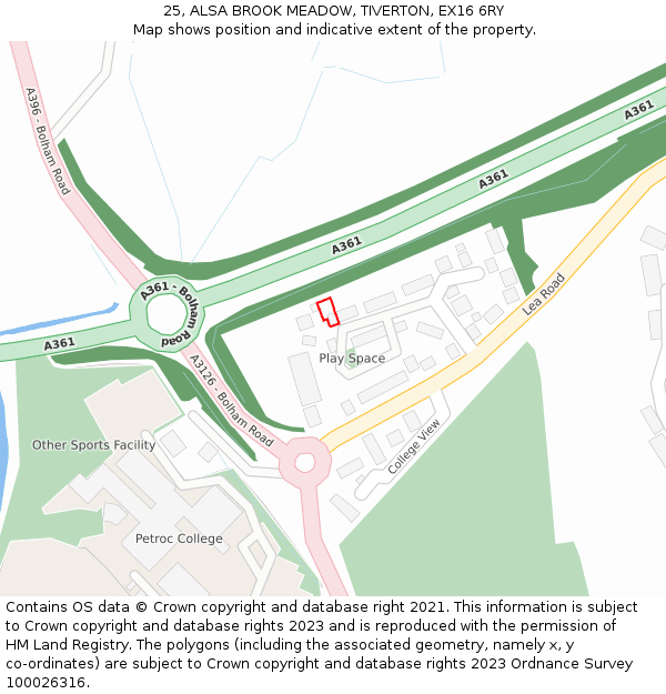 25, ALSA BROOK MEADOW, TIVERTON, EX16 6RY: Location map and indicative extent of plot