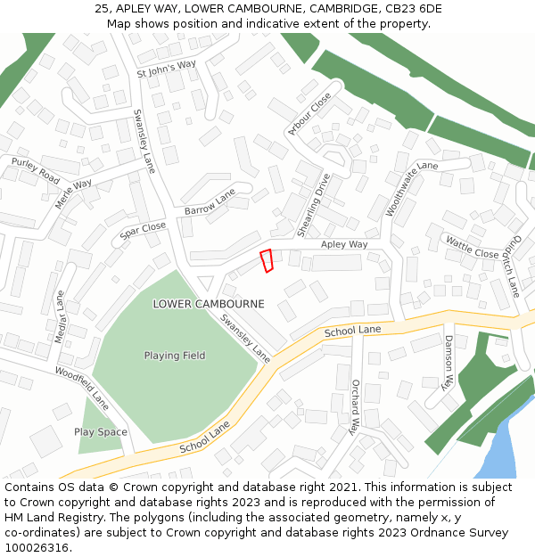 25, APLEY WAY, LOWER CAMBOURNE, CAMBRIDGE, CB23 6DE: Location map and indicative extent of plot