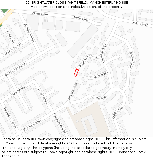 25, BRIGHTWATER CLOSE, WHITEFIELD, MANCHESTER, M45 8SE: Location map and indicative extent of plot