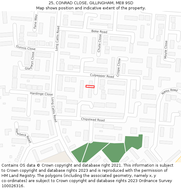 25, CONRAD CLOSE, GILLINGHAM, ME8 9SD: Location map and indicative extent of plot