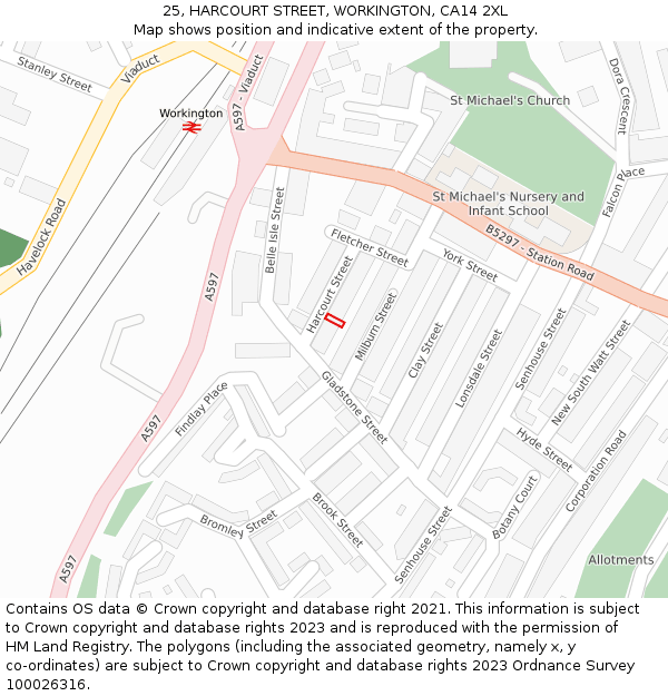 25, HARCOURT STREET, WORKINGTON, CA14 2XL: Location map and indicative extent of plot