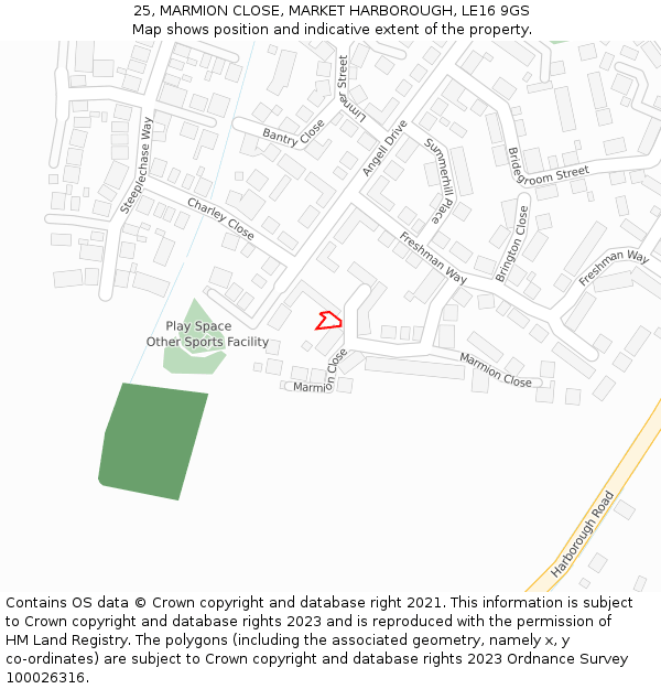 25, MARMION CLOSE, MARKET HARBOROUGH, LE16 9GS: Location map and indicative extent of plot