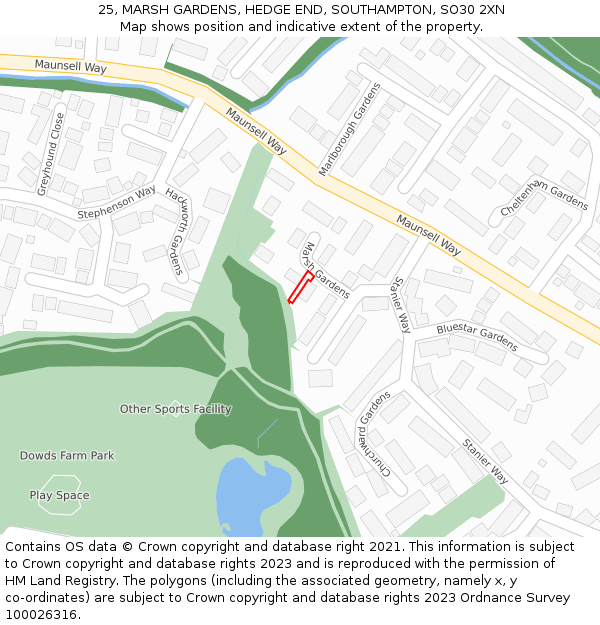25, MARSH GARDENS, HEDGE END, SOUTHAMPTON, SO30 2XN: Location map and indicative extent of plot