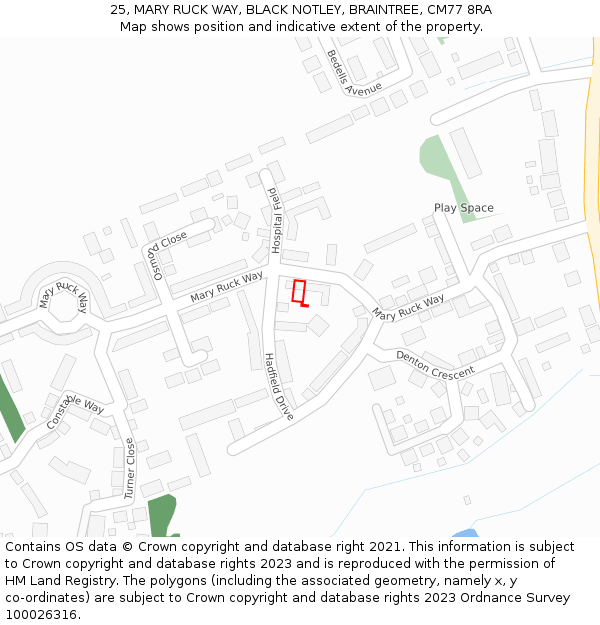 25, MARY RUCK WAY, BLACK NOTLEY, BRAINTREE, CM77 8RA: Location map and indicative extent of plot