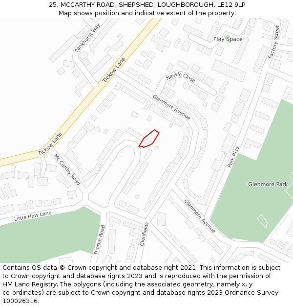 25, MCCARTHY ROAD, SHEPSHED, LOUGHBOROUGH, LE12 9LP: Location map and indicative extent of plot