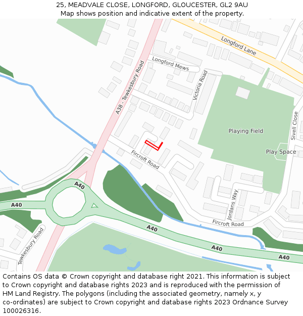 25, MEADVALE CLOSE, LONGFORD, GLOUCESTER, GL2 9AU: Location map and indicative extent of plot