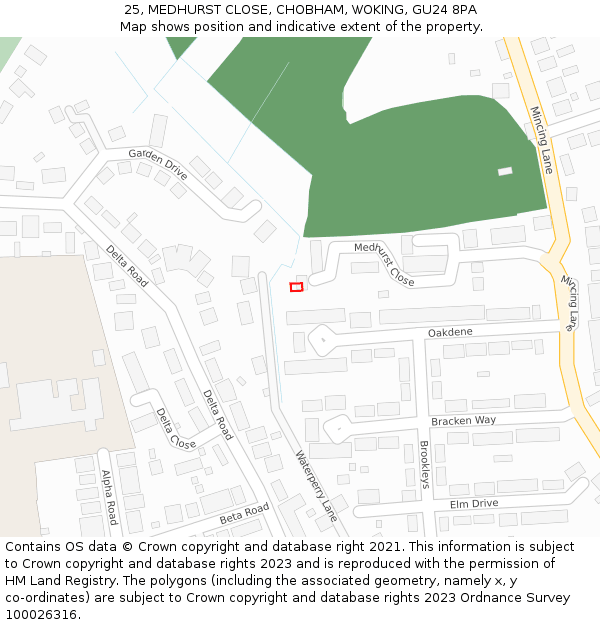 25, MEDHURST CLOSE, CHOBHAM, WOKING, GU24 8PA: Location map and indicative extent of plot