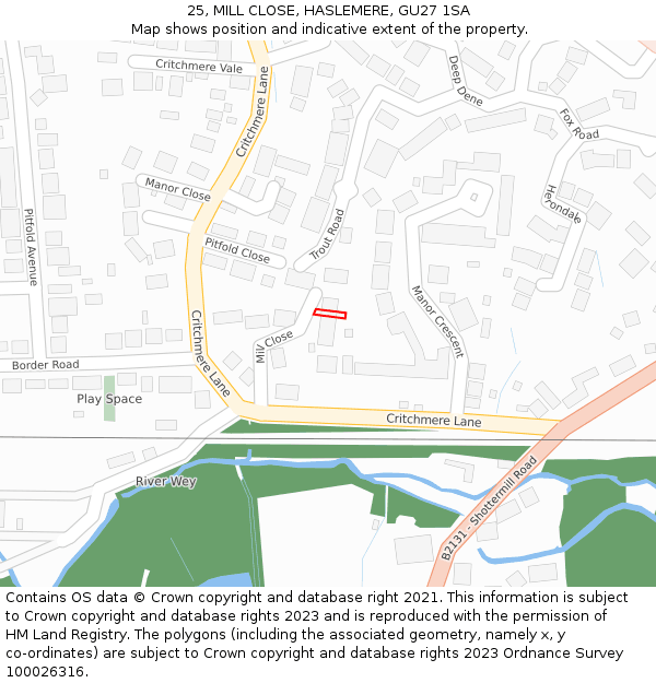 25, MILL CLOSE, HASLEMERE, GU27 1SA: Location map and indicative extent of plot