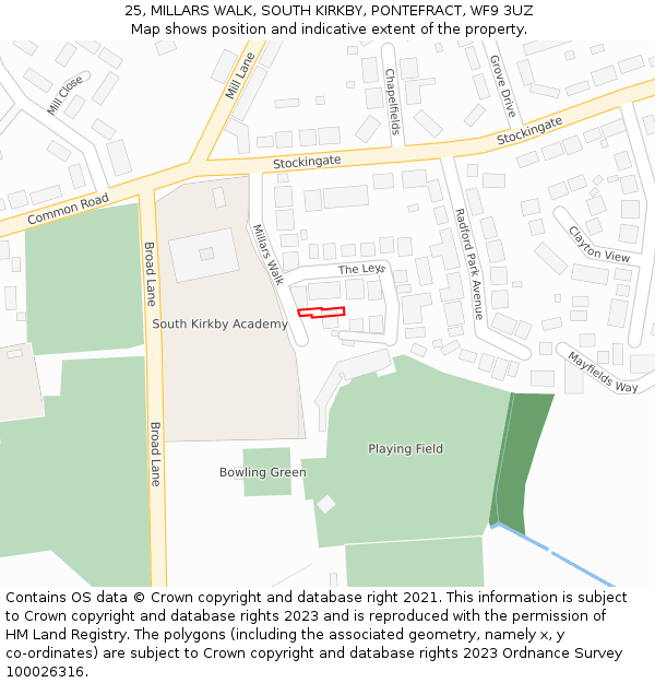 25, MILLARS WALK, SOUTH KIRKBY, PONTEFRACT, WF9 3UZ: Location map and indicative extent of plot