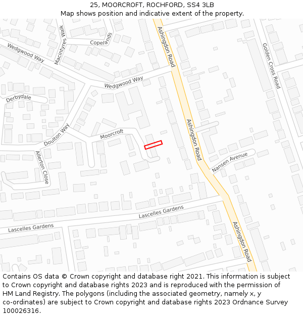 25, MOORCROFT, ROCHFORD, SS4 3LB: Location map and indicative extent of plot