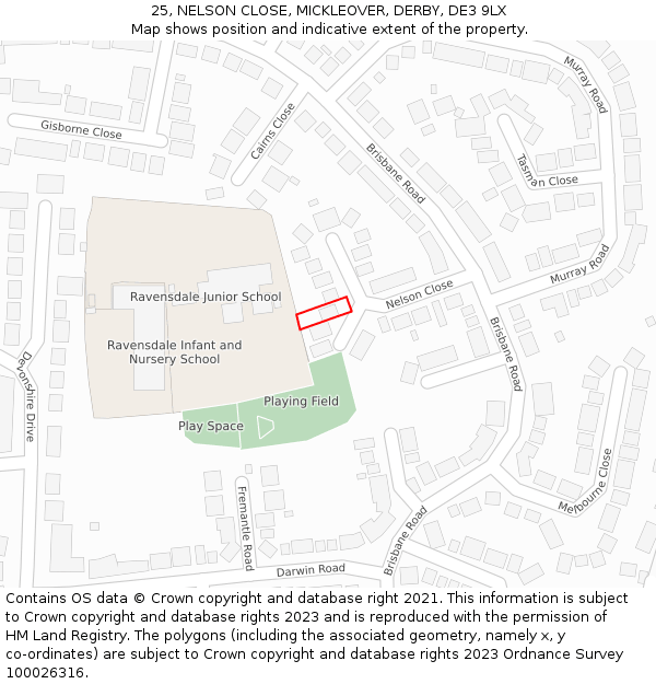 25, NELSON CLOSE, MICKLEOVER, DERBY, DE3 9LX: Location map and indicative extent of plot