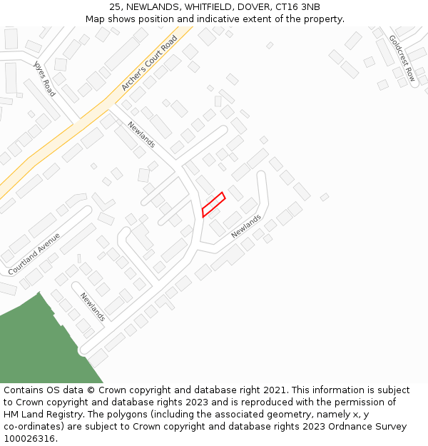 25, NEWLANDS, WHITFIELD, DOVER, CT16 3NB: Location map and indicative extent of plot