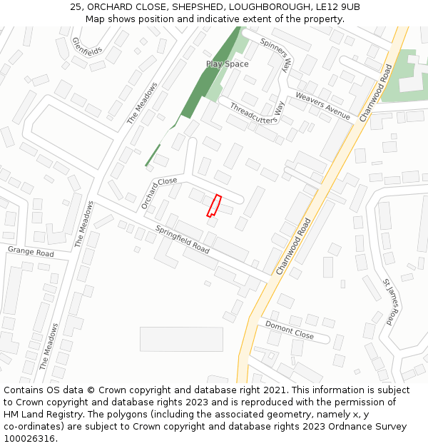 25, ORCHARD CLOSE, SHEPSHED, LOUGHBOROUGH, LE12 9UB: Location map and indicative extent of plot