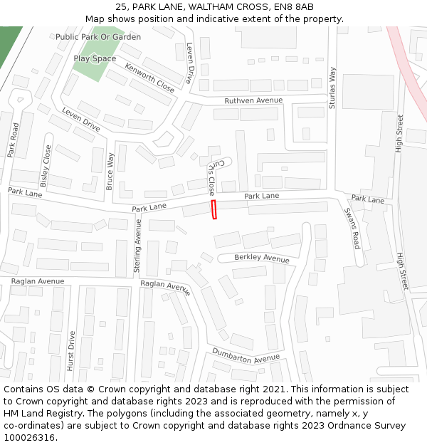 25, PARK LANE, WALTHAM CROSS, EN8 8AB: Location map and indicative extent of plot