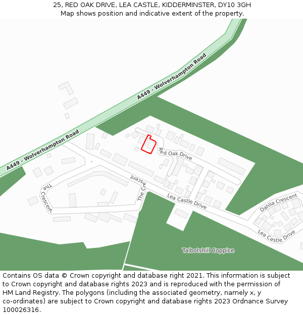 25, RED OAK DRIVE, LEA CASTLE, KIDDERMINSTER, DY10 3GH: Location map and indicative extent of plot