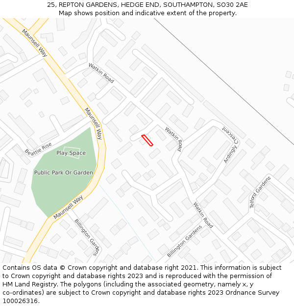 25, REPTON GARDENS, HEDGE END, SOUTHAMPTON, SO30 2AE: Location map and indicative extent of plot