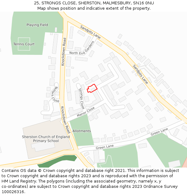 25, STRONGS CLOSE, SHERSTON, MALMESBURY, SN16 0NU: Location map and indicative extent of plot