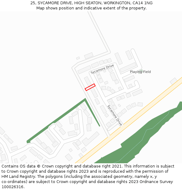 25, SYCAMORE DRIVE, HIGH SEATON, WORKINGTON, CA14 1NG: Location map and indicative extent of plot
