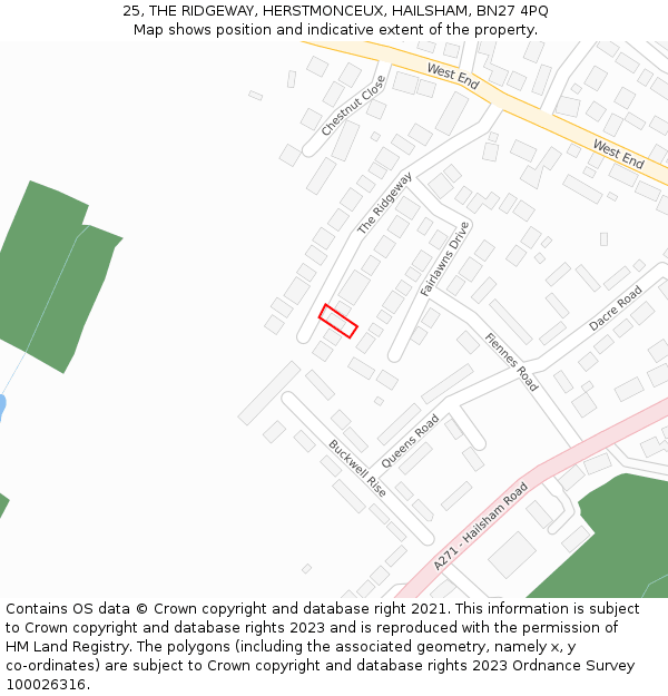 25, THE RIDGEWAY, HERSTMONCEUX, HAILSHAM, BN27 4PQ: Location map and indicative extent of plot
