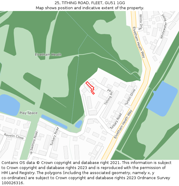 25, TITHING ROAD, FLEET, GU51 1GG: Location map and indicative extent of plot