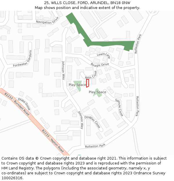 25, WILLS CLOSE, FORD, ARUNDEL, BN18 0NW: Location map and indicative extent of plot