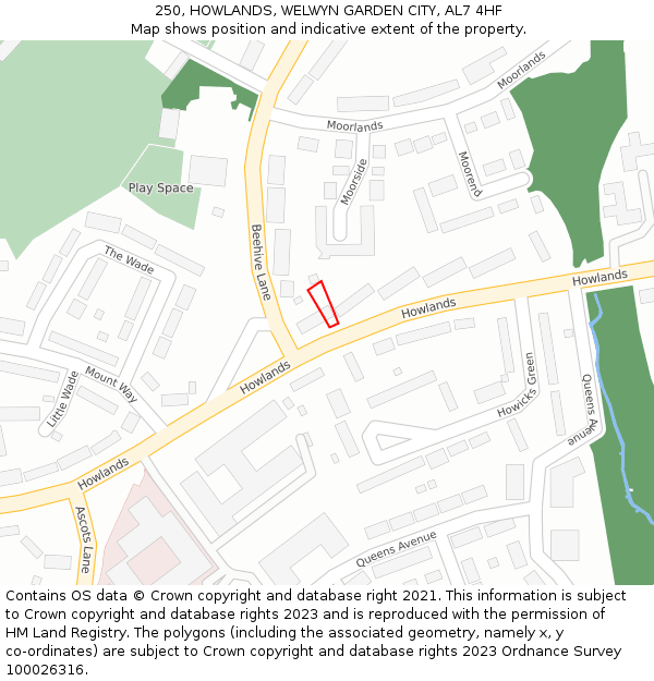 250, HOWLANDS, WELWYN GARDEN CITY, AL7 4HF: Location map and indicative extent of plot