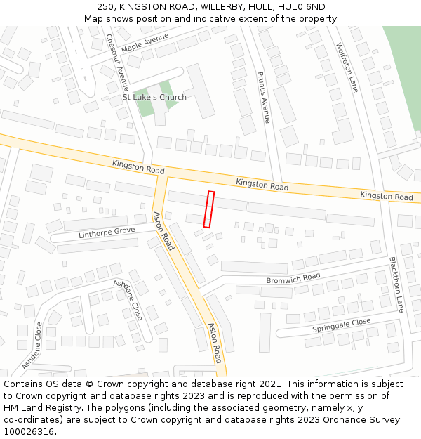 250, KINGSTON ROAD, WILLERBY, HULL, HU10 6ND: Location map and indicative extent of plot