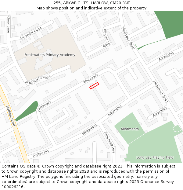 255, ARKWRIGHTS, HARLOW, CM20 3NE: Location map and indicative extent of plot
